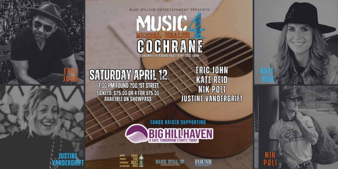 Four musician's headshots, with a picture of a guitar in the middle. Event info written on top.