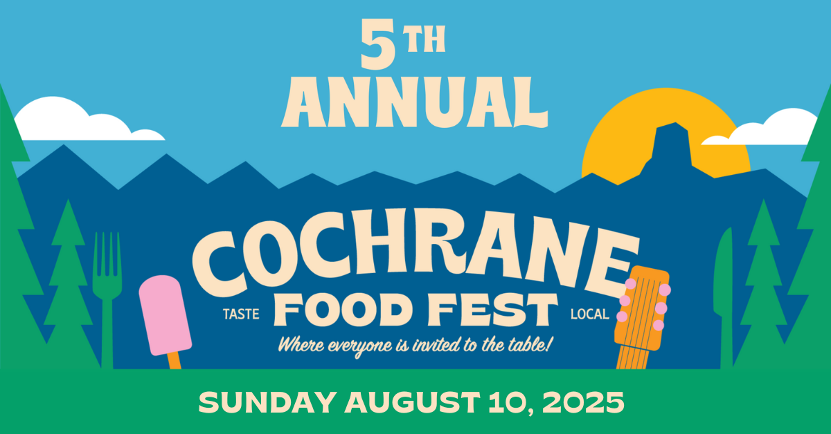 5th Annual Cochrane Food Fest Poster. Blocky geometric illustration, blue sky, dark blue mountains, yellow sun, green trees, giant cutlery, the neck and headstock of a guitar.