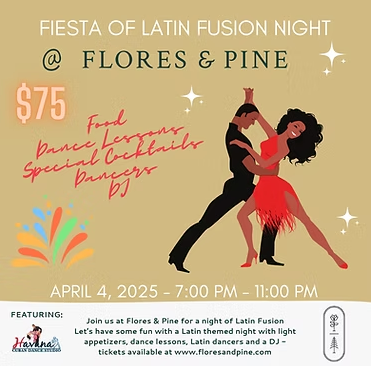 Tan background, illustrated dancers, colourful fonts and white sparkle stars.