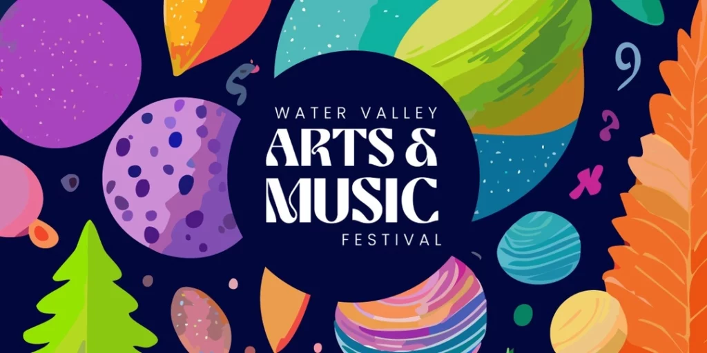 Water Valley Arts & Music Festival in white art nouveau font on a dark blue circle. There are colourful, painterly, illustrated planets behind on a dark blue background.