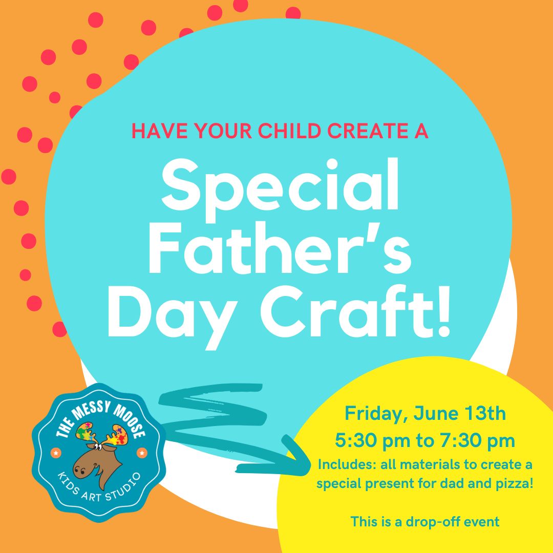 Fun graphic poster - a light blue dot on an orange background with red polka dots on the left side. Some event info in a bright yellow circle in the bottom right.