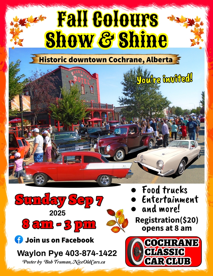 Event info and a photo of classic cars and people in front of the Rockyview Hotel in downtown Cochrane.