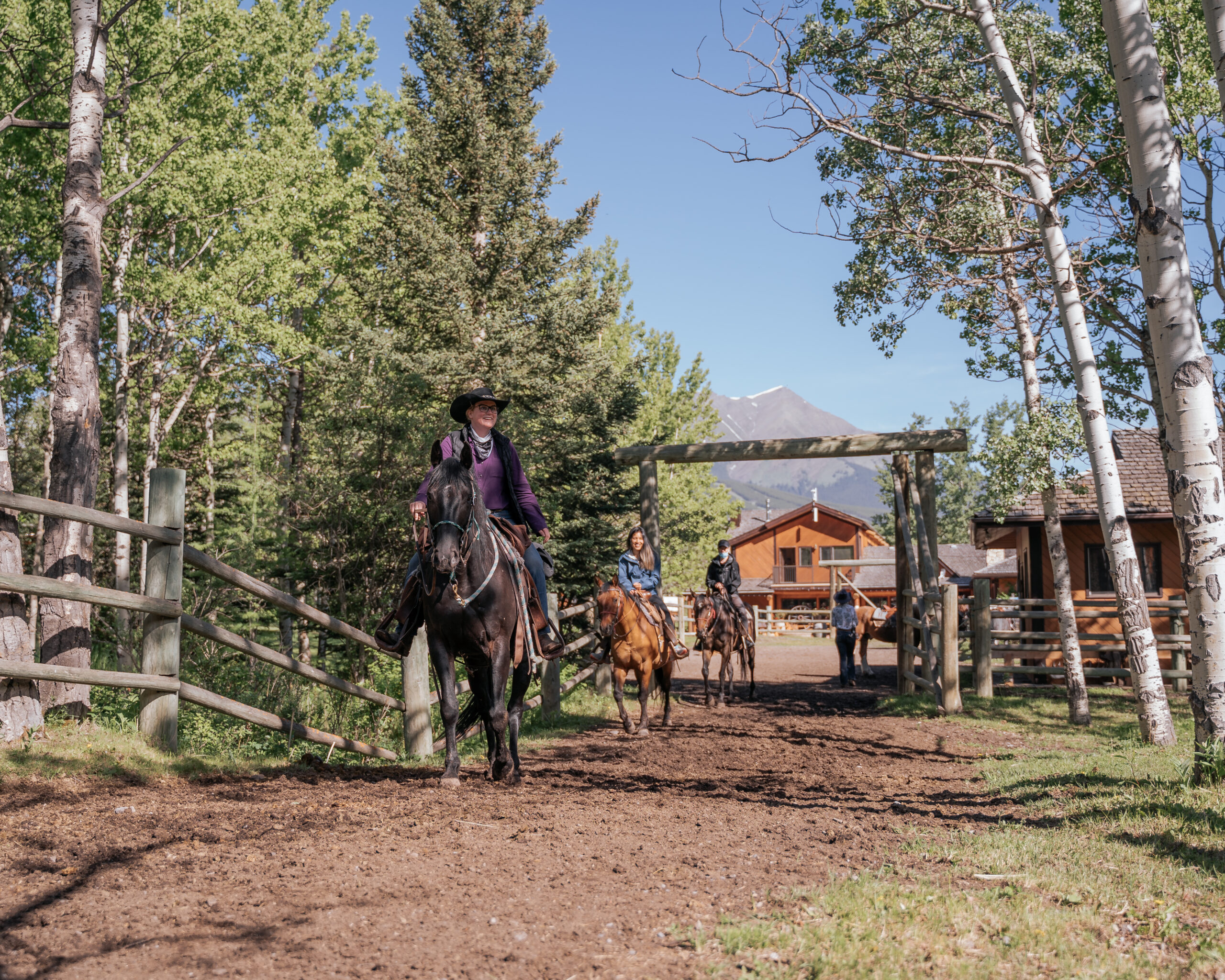 A small group rides horses through a wooden fence in mixed forest. Aspen trees stand out with white bark and bright green leaves amongst the darker spruce trees. There is a wooden building behind, and a rocky mountain in the background. It is a sunny day.